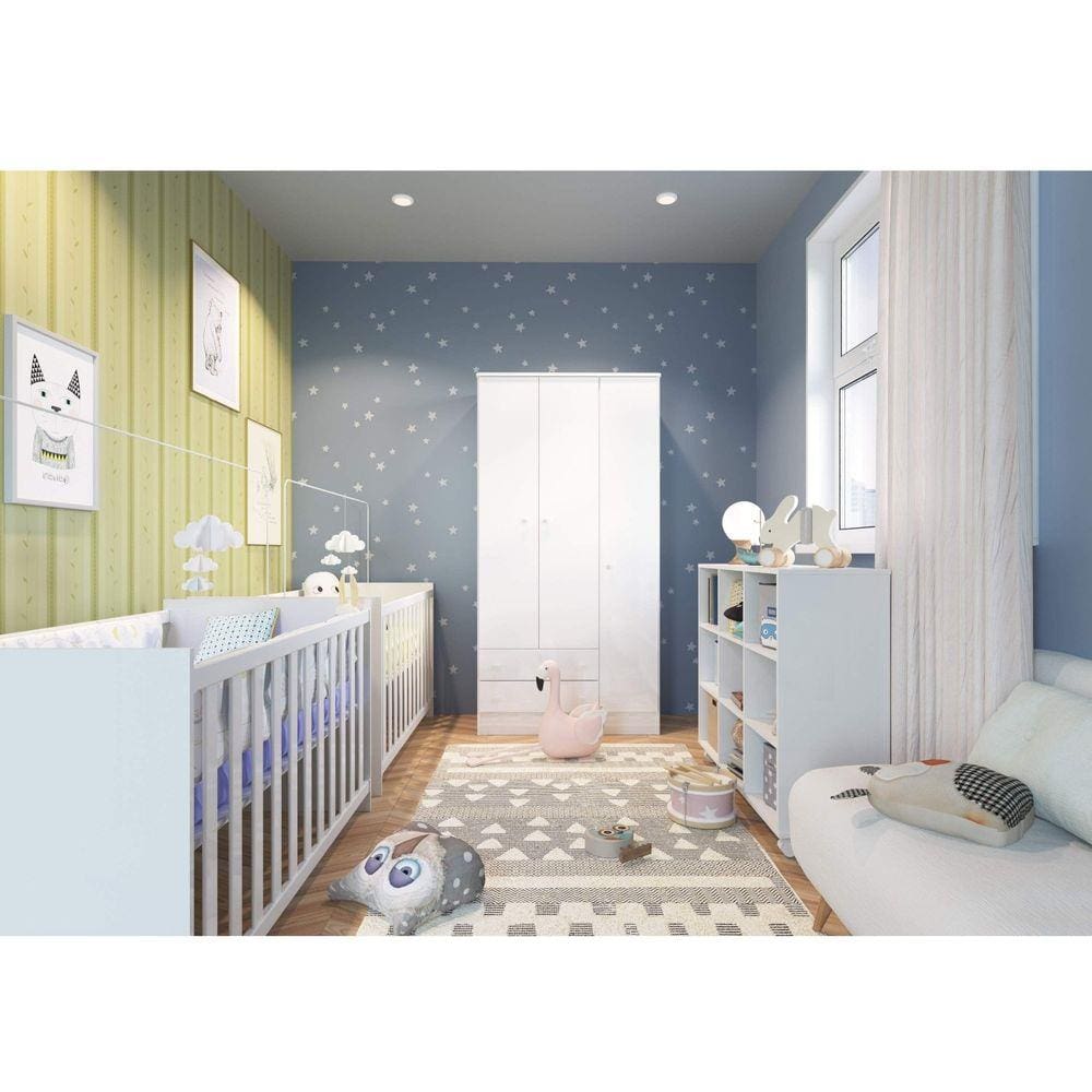 Quarto para Gêmeos com 2 Berços Mini Cama, Guarda Roupa e Organizador Soninho Espresso Móveis Branco