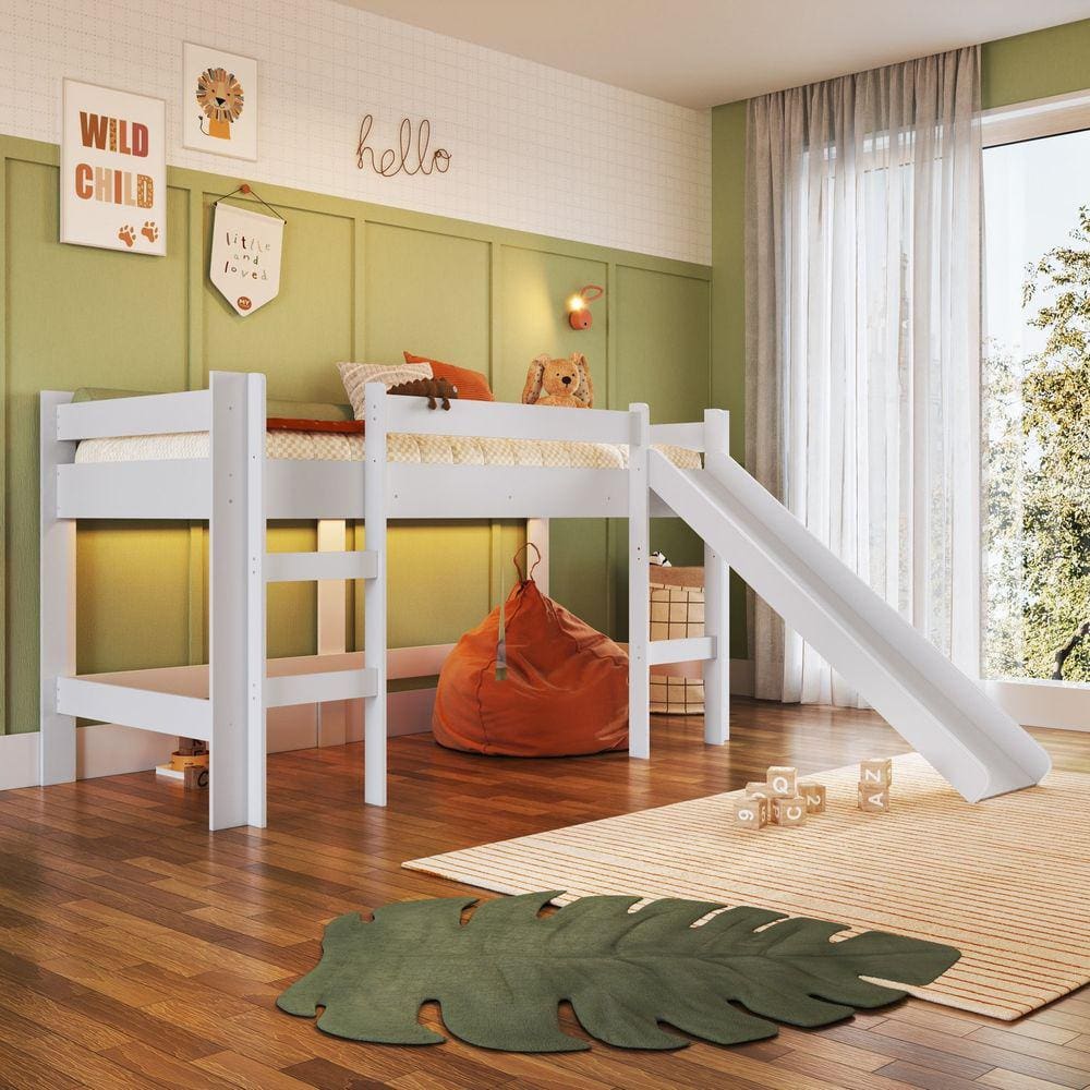 Cama Elevada com Escorregador Completa Móveis Branco