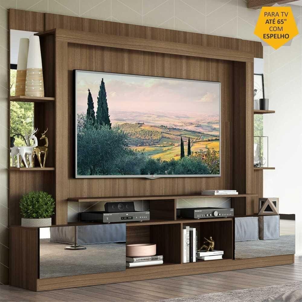 Rack Estante c/ Painel TV 65" e Espelho Oslo Multimóveis Madeirado/Preto