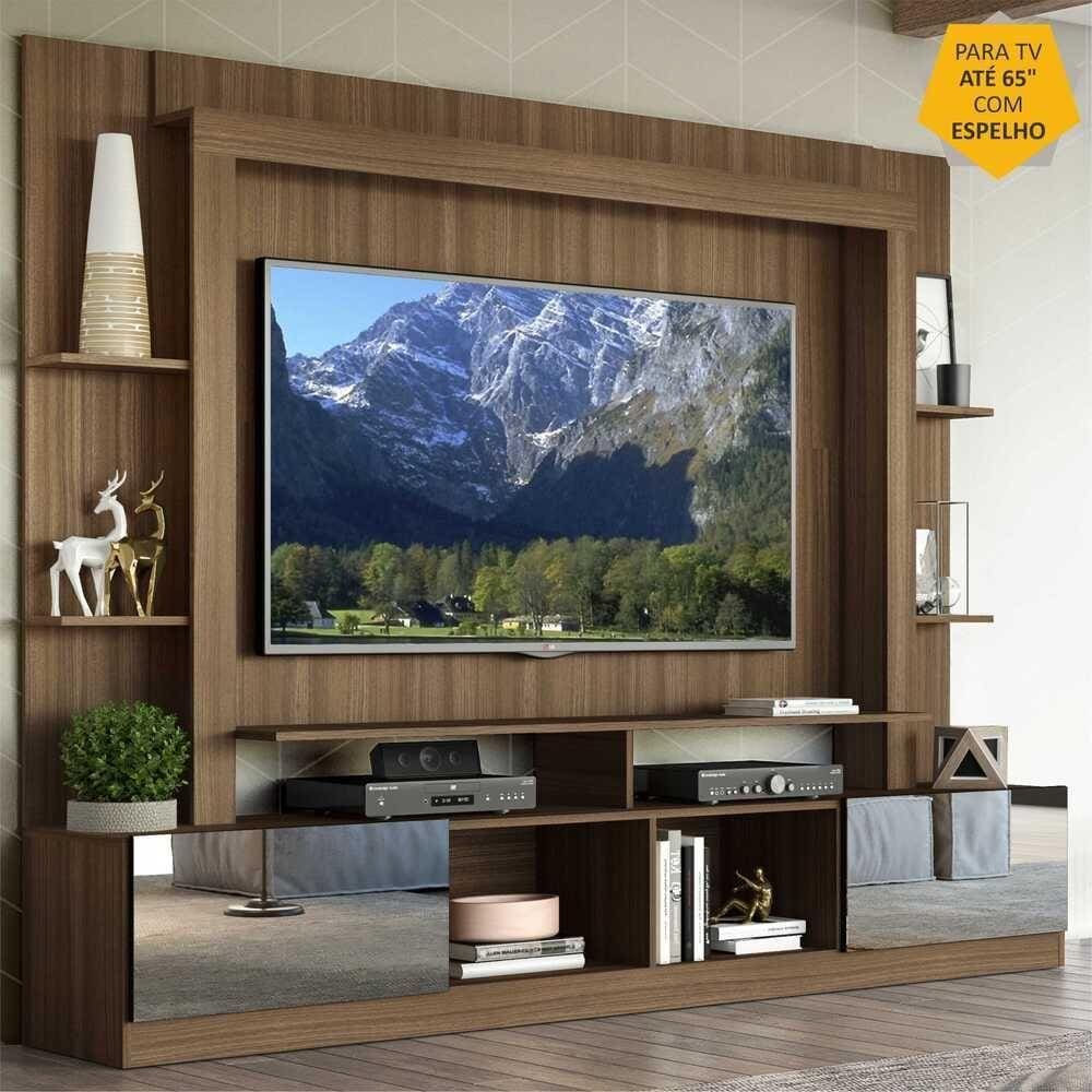 Rack c/ Painel TV 65\" Portas c/ Espelho Oslo Multimóveis Madeirado/Preto