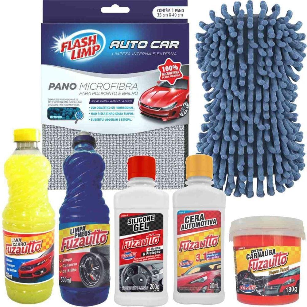 Kit Limpeza Automotiva Cera Pretinho Esponja Microfibra
