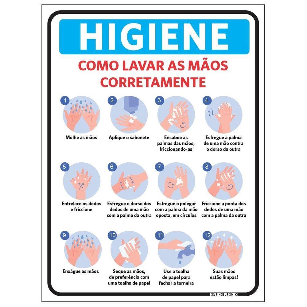 Placa Sinalização Higiene - Como Lavar as Mãos Corretamente