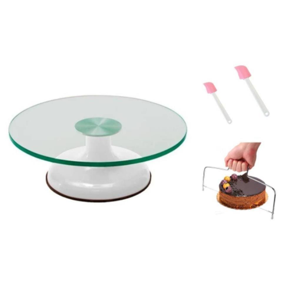 Bailarina Giratória de Vidro P/ Decorar Bolos Branca + Nivelador e Cortador de Bolos + 2 Espátulas PVC