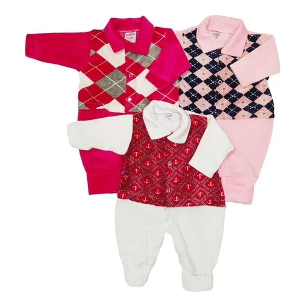 Kit Roupa de Bebê Macacão 3 Peças Plush Luxo Menino Menina