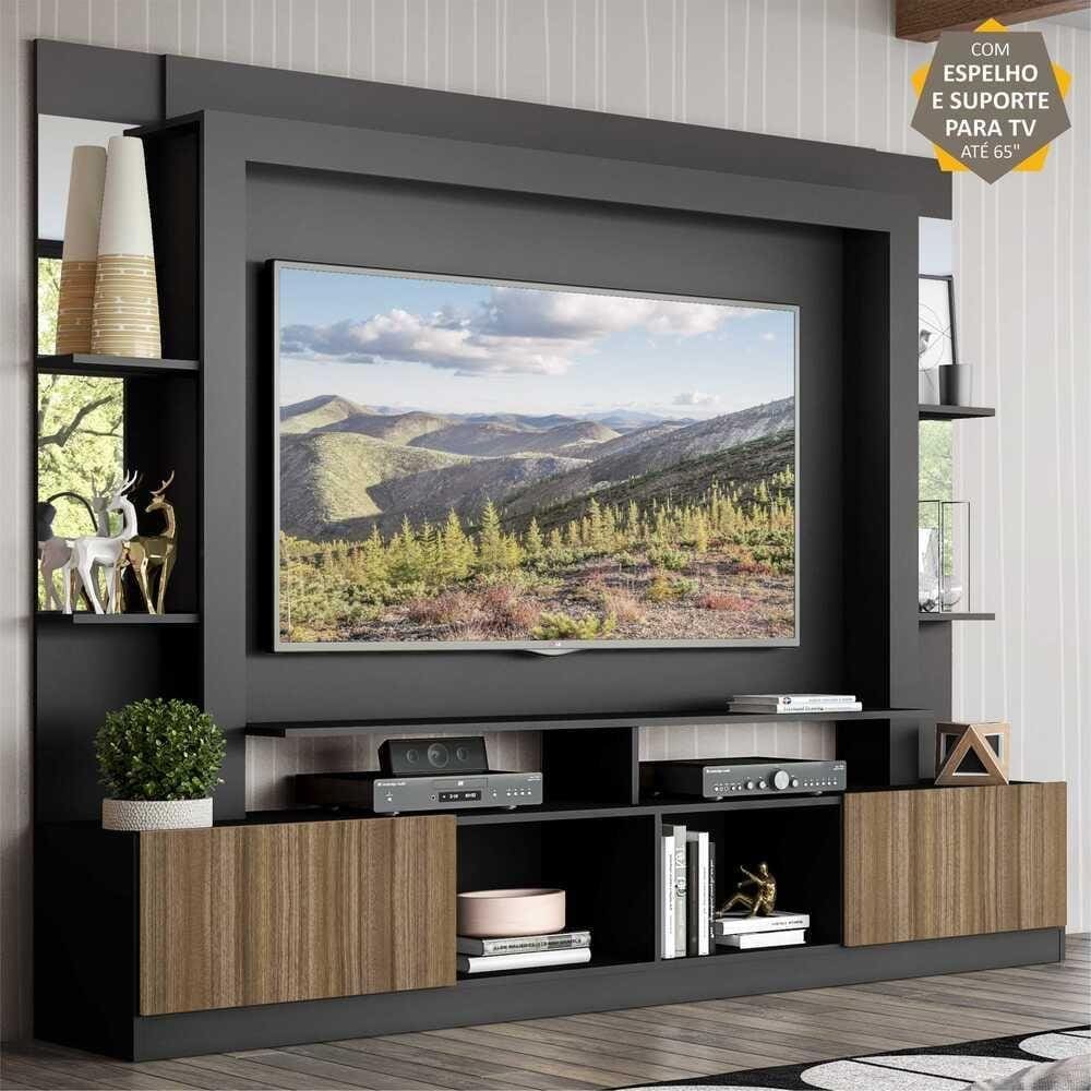 Rack c/ Painel e Suporte TV 65\" Prateleiras c/ Espelho Oslo Multimóveis Preto/Madeirado