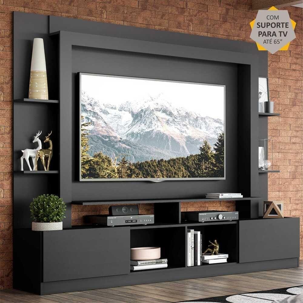 Rack Estante c/ Painel e Suporte TV 65” e 2 portas Oslo Multimóveis Preto