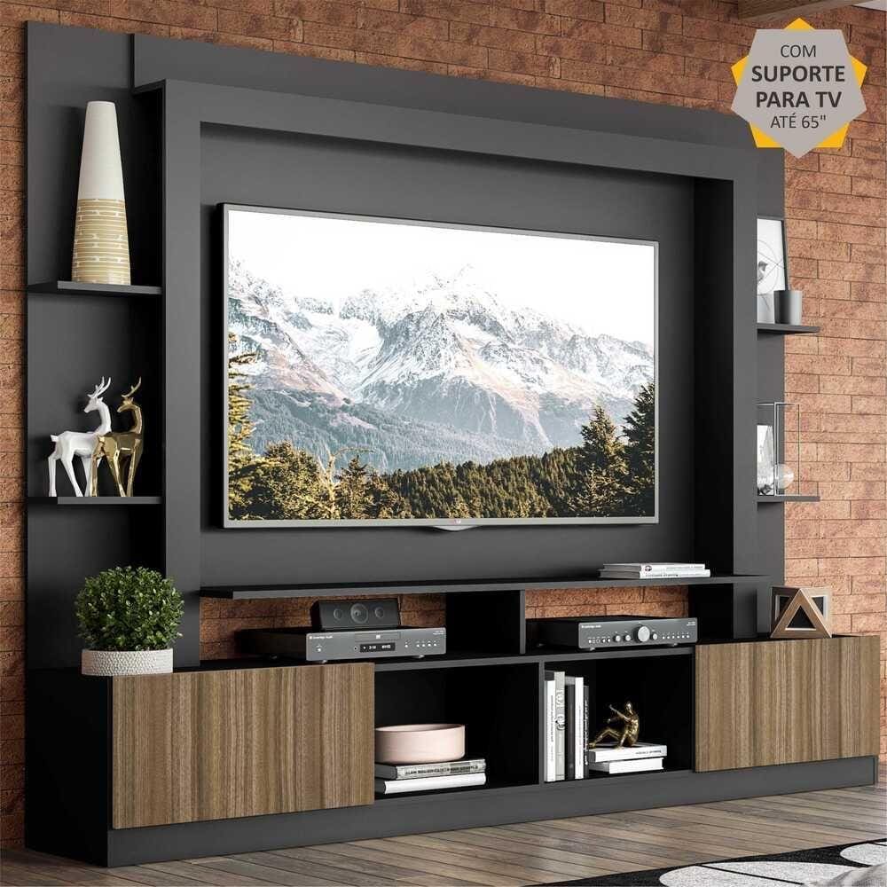 Rack Estante c/ Painel e Suporte TV 65\" e 2 portas Oslo Multimóveis Preto/Madeirado
