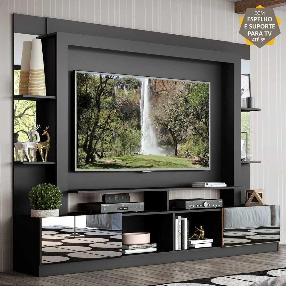 Rack Estante c/ Suporte TV 65\" e Espelho Oslo Multimóveis Preto/Madeirado