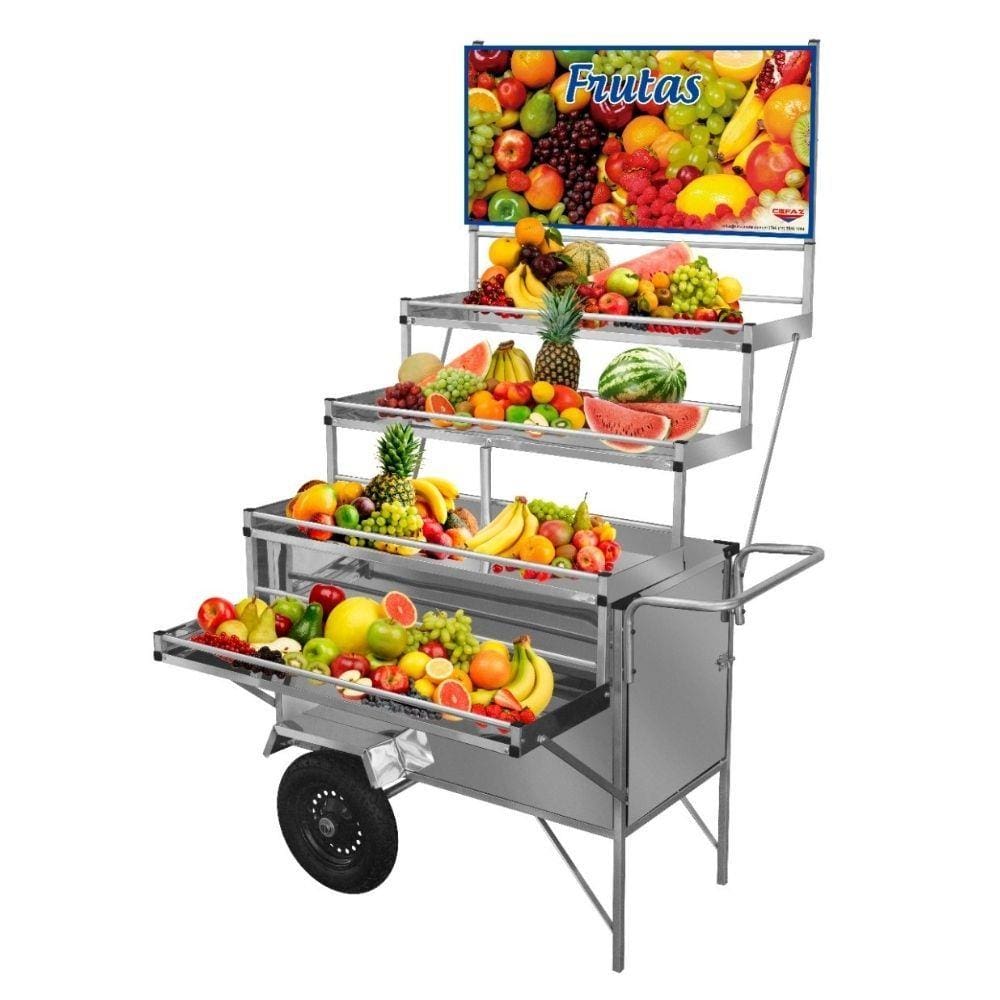 Carrinho Expositor de Frutas em Inox com Rodas Pneumáticas e Toldo