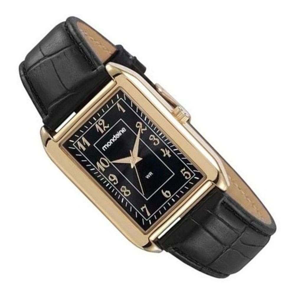 Relógio Mondaine Quadrado Dourado Couro Preto Numeros 83471Gpmvdh1