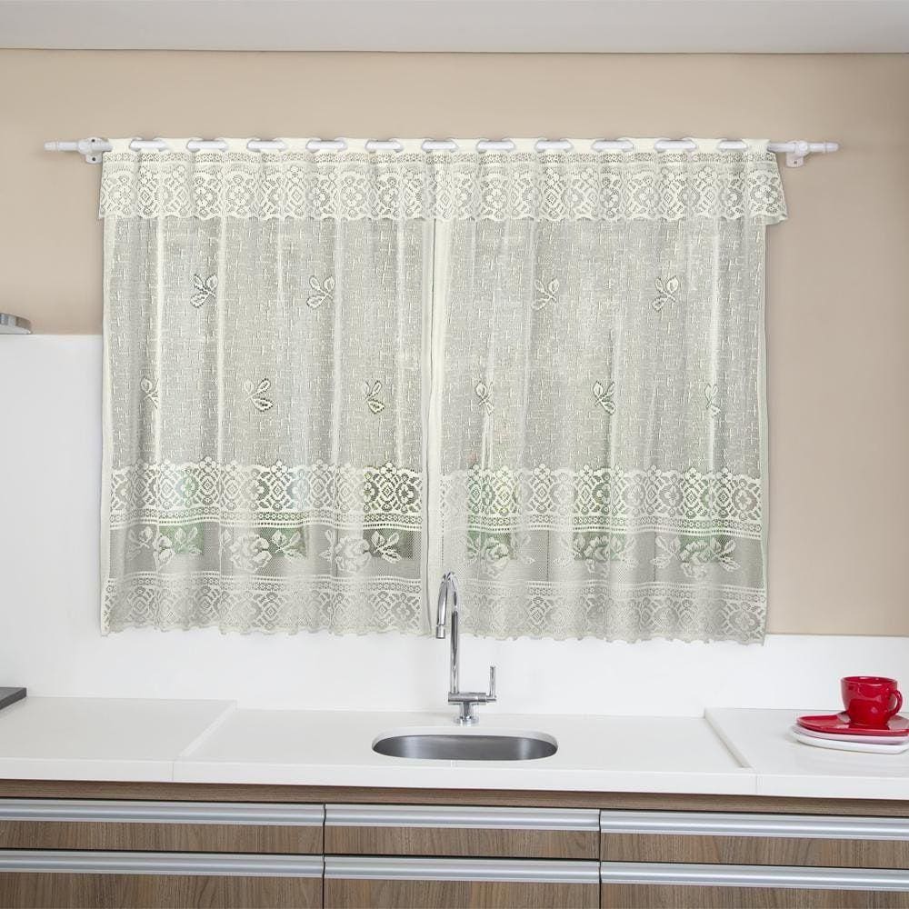 Cortina De Cozinha Interlar 2,00M X 1,20M Lisa Marfim Rosas