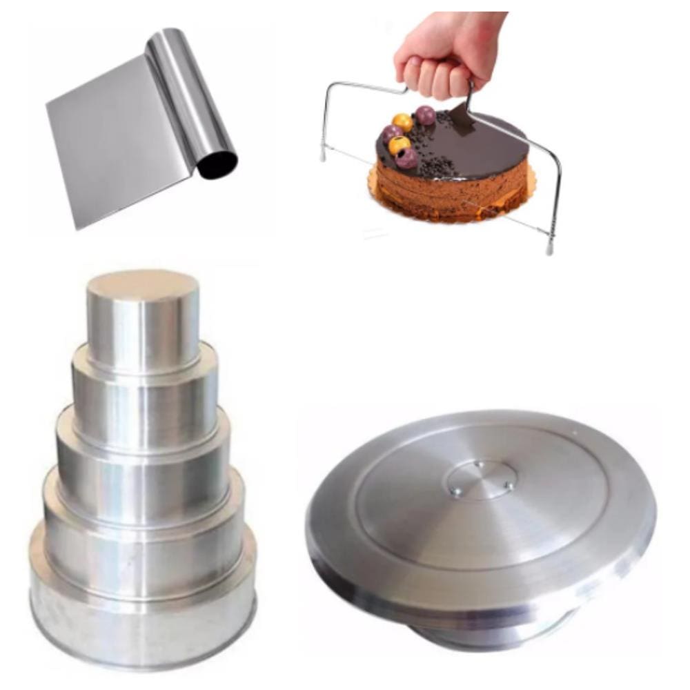 Kit Fácil Bailarina 40cm + Conjunto Formas Redondas 5 pçs alum. + Nivelador / Cortador De Bolo 30cm Largura - Ajustável + Espátula Tubular inox