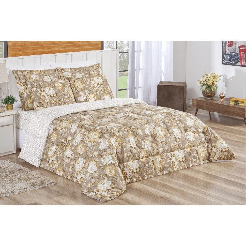 Kit Edredom Bouti Casal Queen 3 Peças Estampa Floral Cáqui