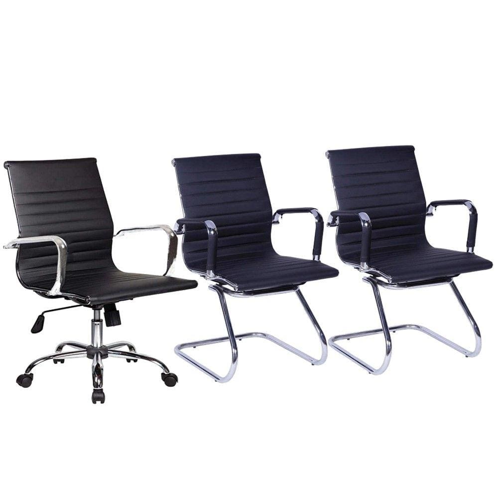 Conjunto com 1 Cadeira Diretor Giratória e 2 Cadeiras Executivas base fixa para Escritório Esteirinha Boston