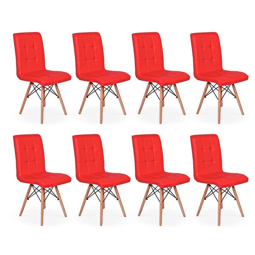 Conjunto 8 Cadeiras Eiffel Gomos Estofada Base Madeira Vermelha
