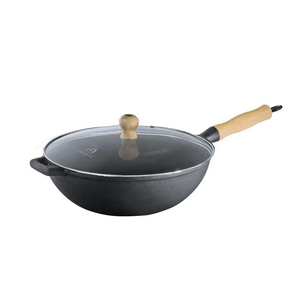 Panela Frigideira Wok Em Ferro Fundido Com Tampa Vidro 4,4 Litros 28 Cm