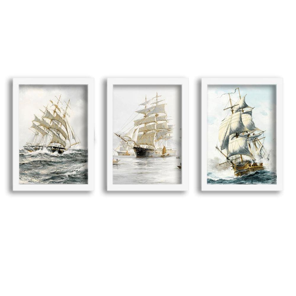 Kit 3 Quadros Decorativos Com Moldura Branca Navio Europeu