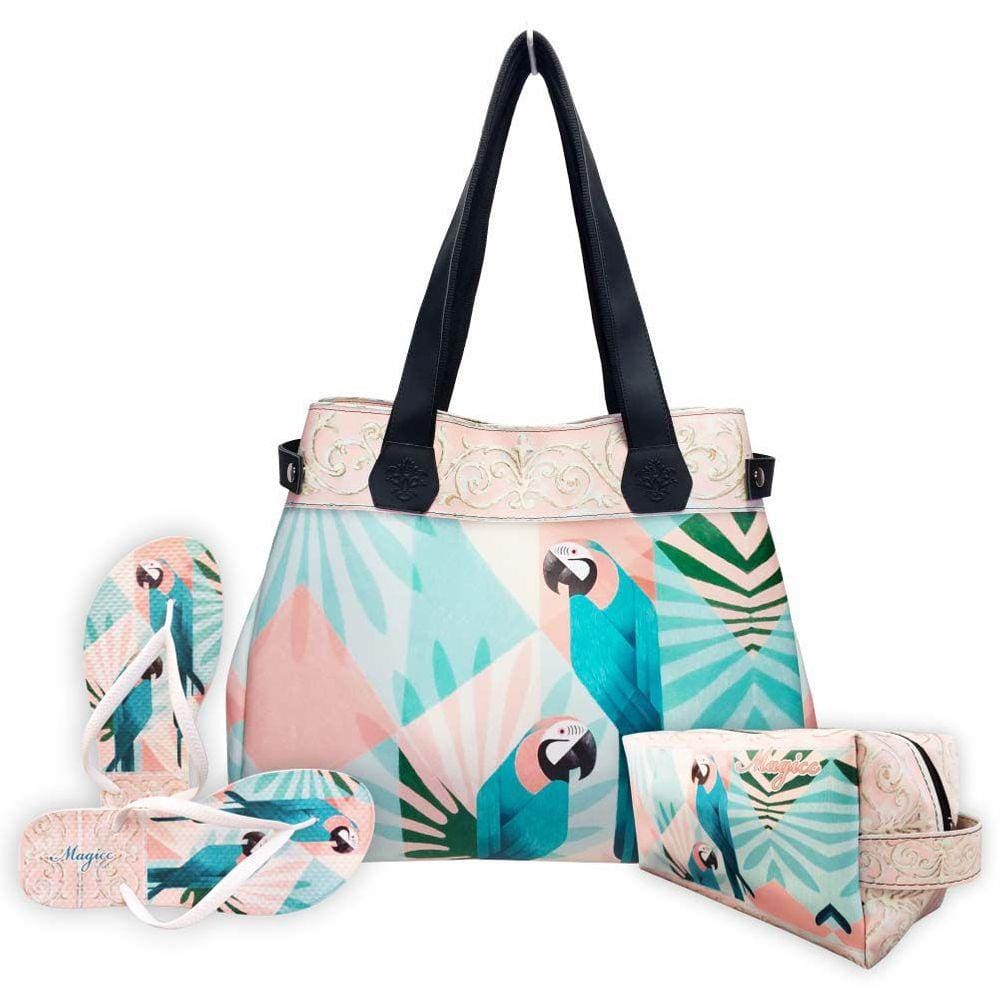 Kit Tropical Feminino Araras Azuis com Bolsa, Necessaire e Chinelo, Magicc