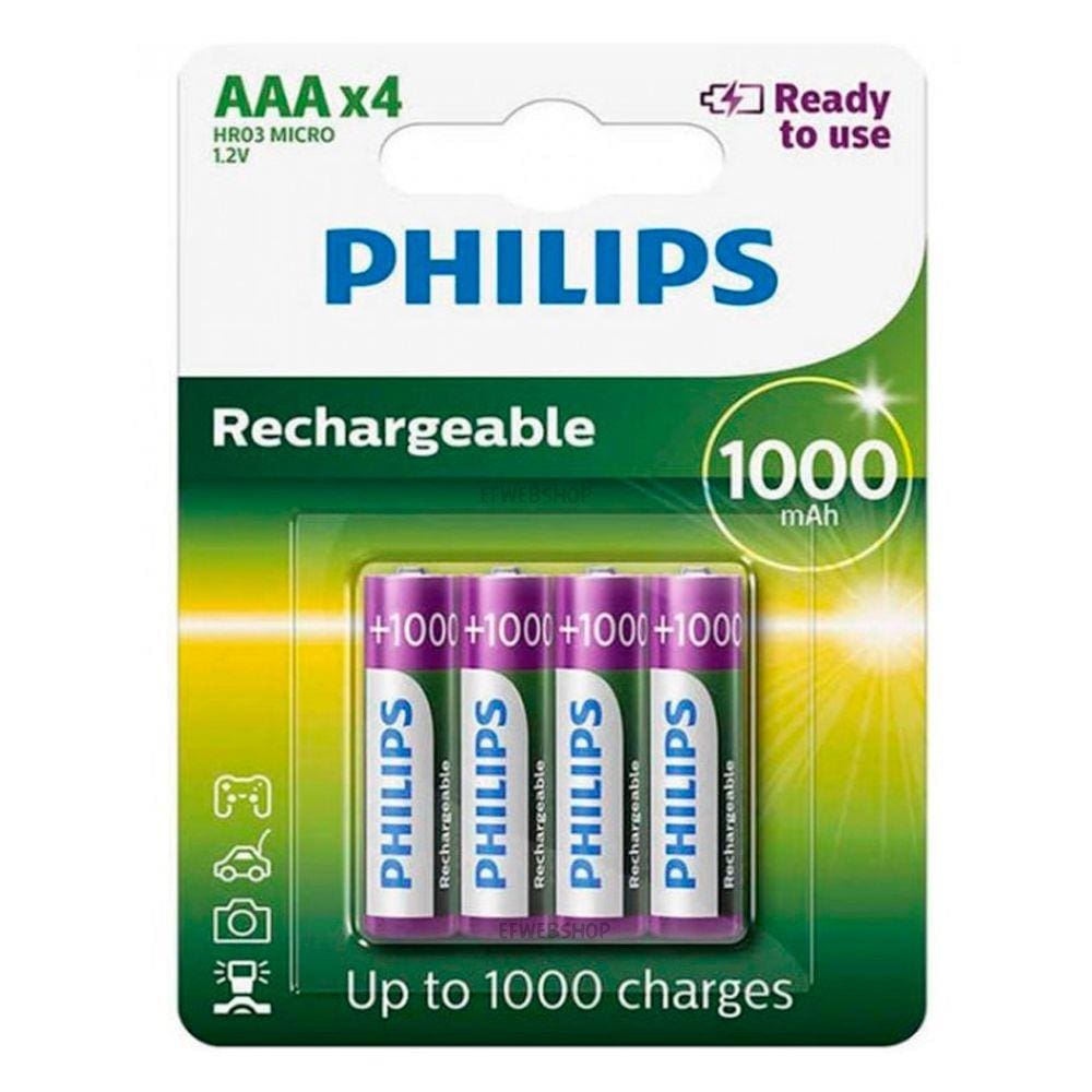Pilha Recarregavel Aaa Palito 1000 Mah Com 4 Und Rtu Philips