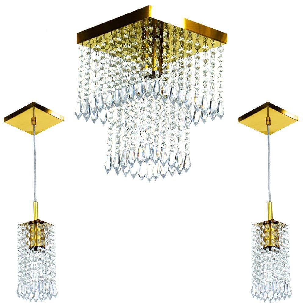 Kit 1 Lustre Marrycrillic + 2 Pendentes Clearcrilic Gold