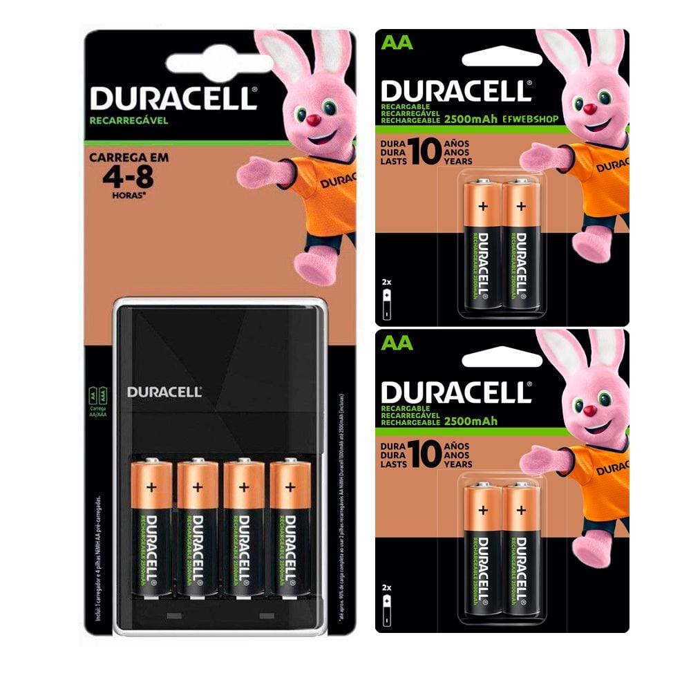 Carregador de Pilhas Duracell com 8 Pilhas Aa Recarregáveis 2500 mAh CEF14BR4 Bivolt Preto Inmetro