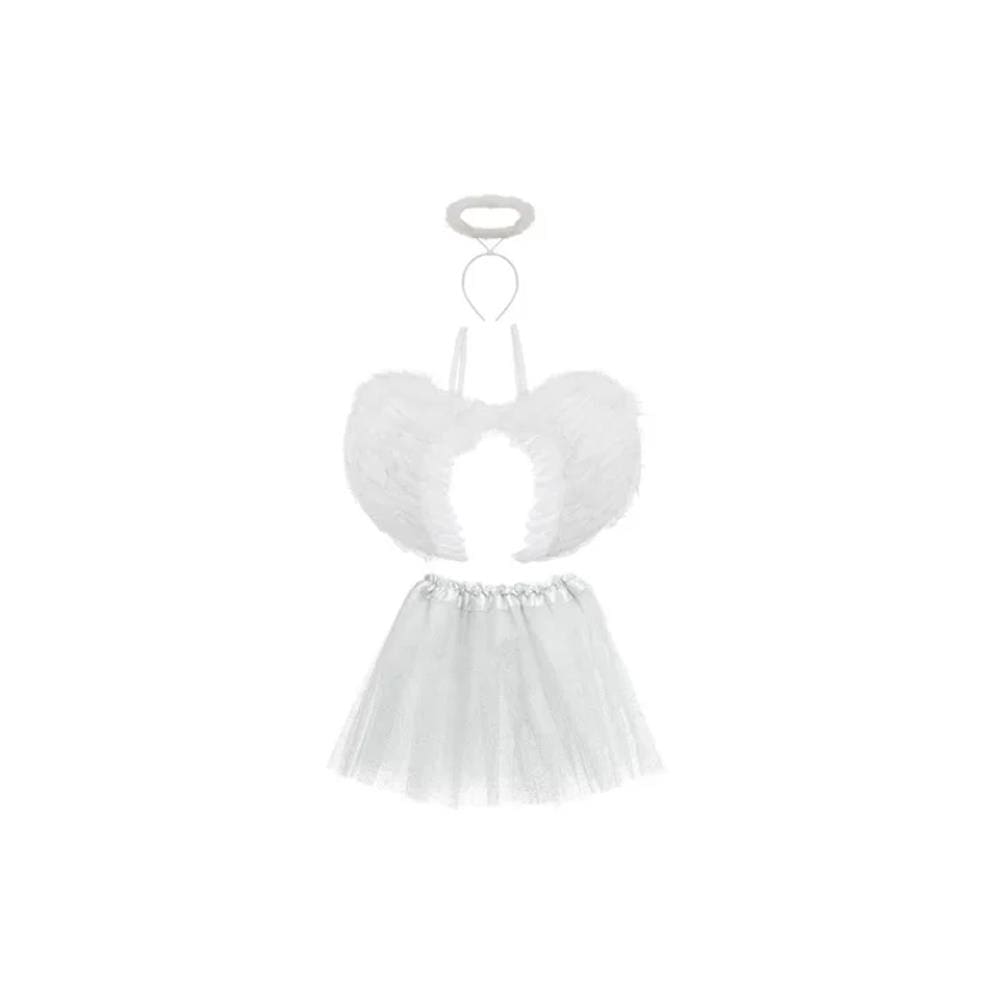 Fantasia Anjo Asa Aureola Saia Branca Infantil - 3 Peças