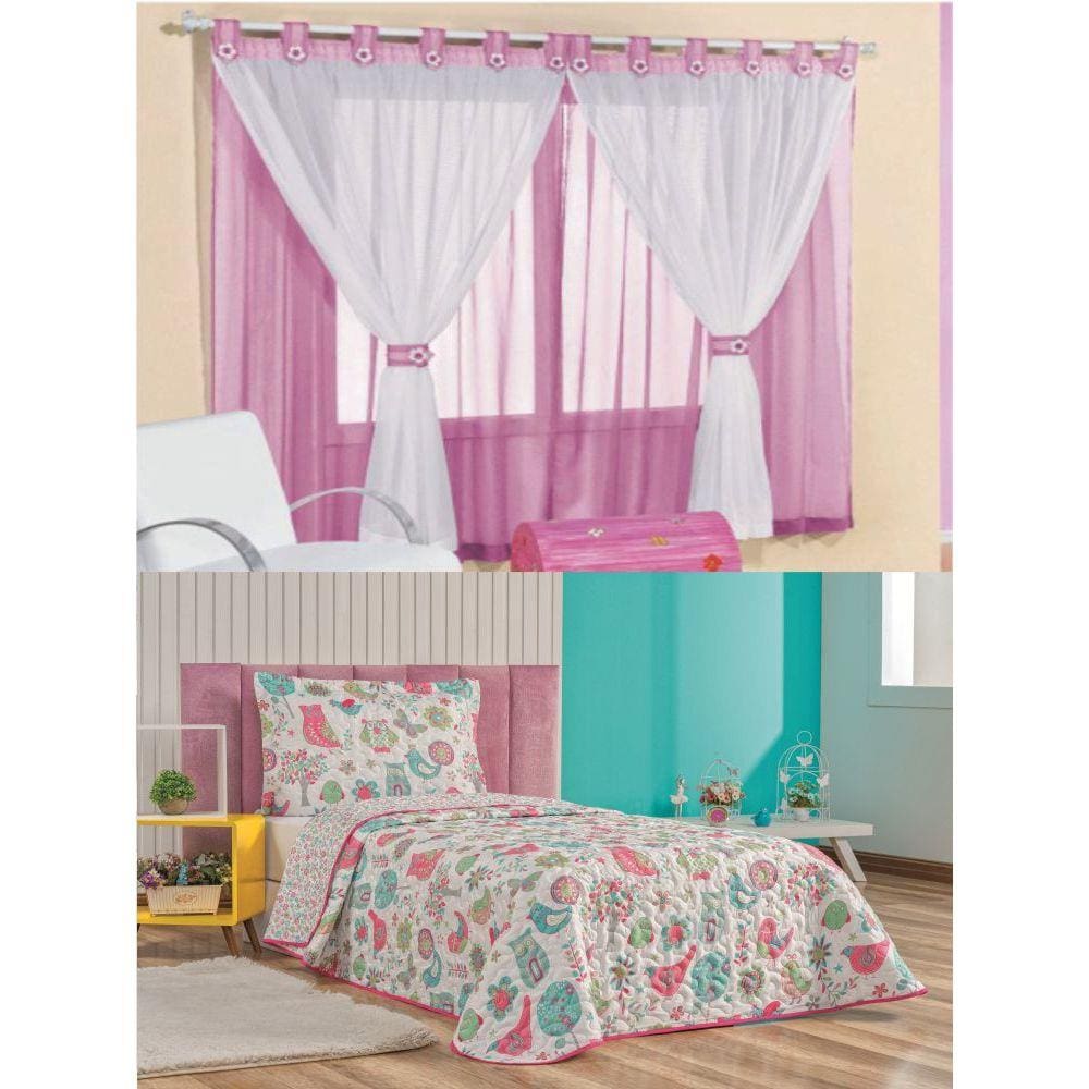 Cortina Juvenil Quarto Menina e Colcha Matelada Coruja - Rosa