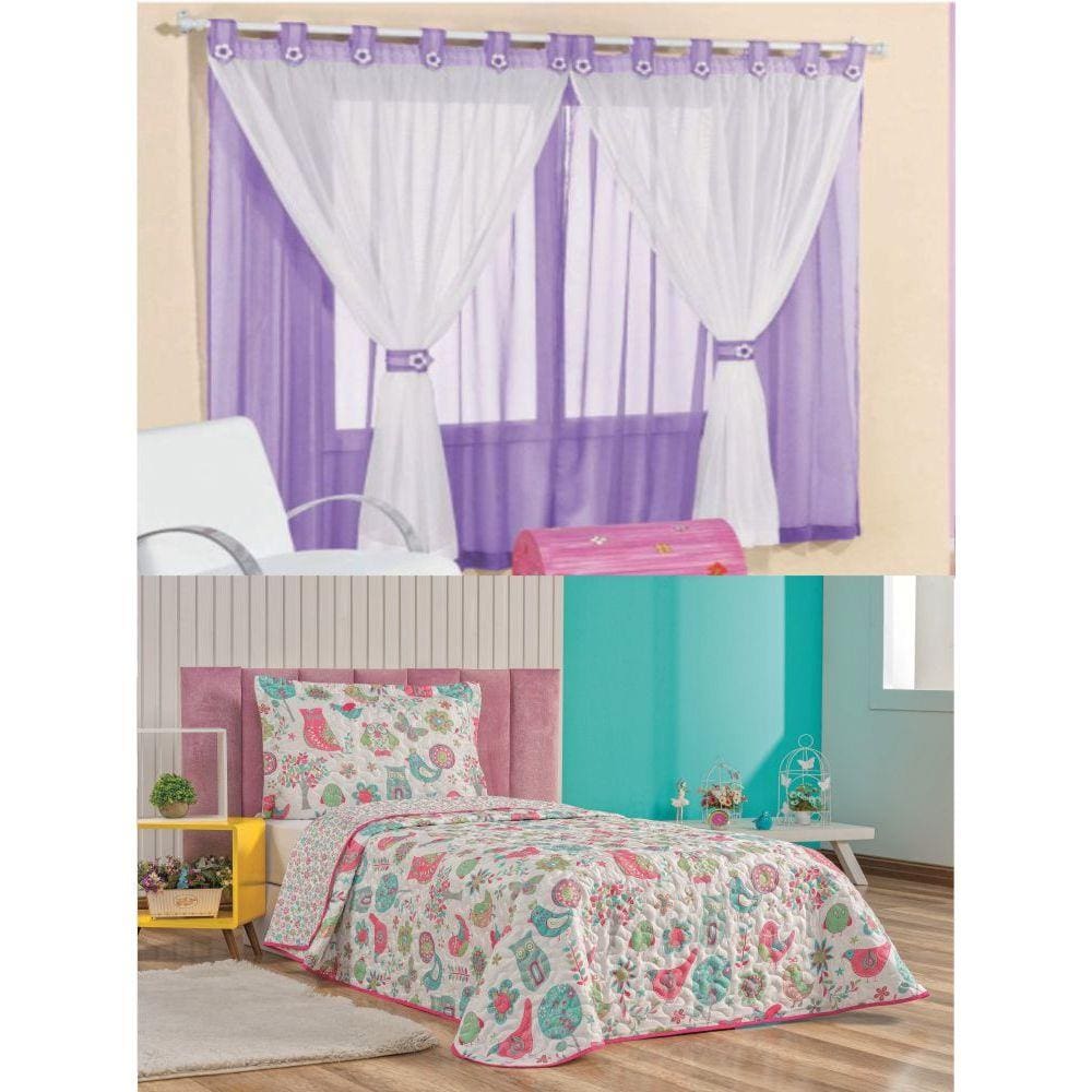 Cortina Juvenil Quarto Menina e Colcha Matelada Coruja - Lilás