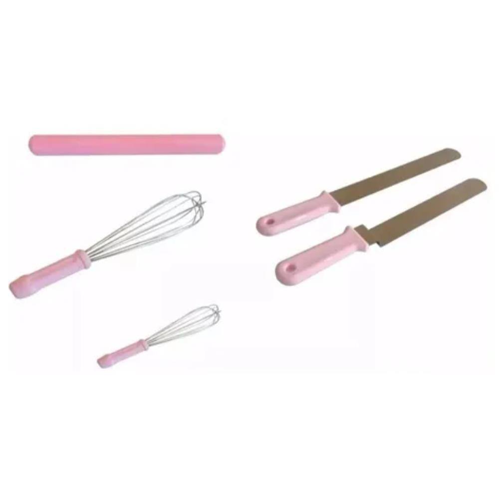 Kit Confeiteiro Acessórios (Linha Rosa) Espátulas + Fuê + Rolo Pasta Americana
