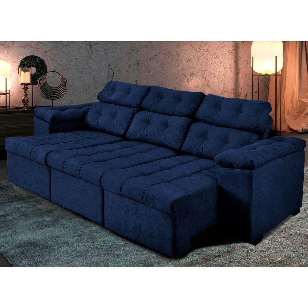 Sofá Italia 2.50 m Retrátil Reclinável Suede Azul – WS