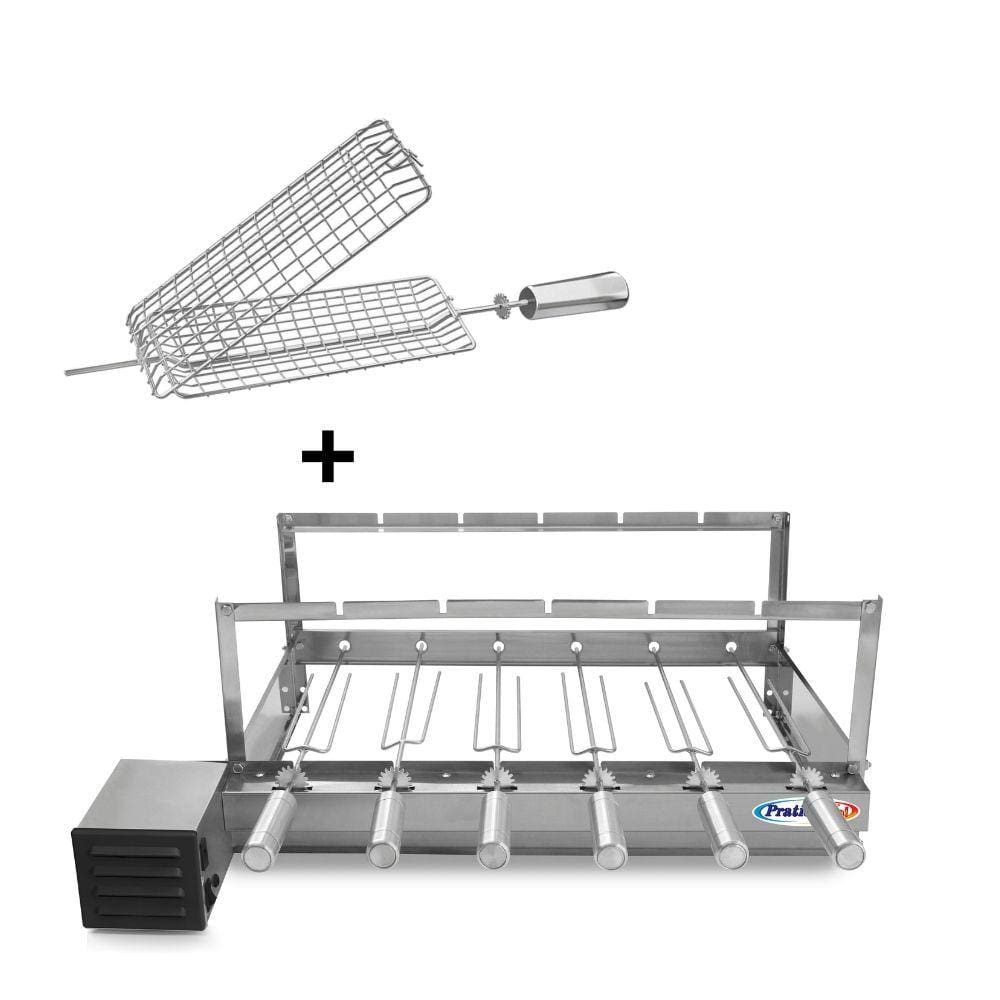 Kit Grill Inox Churrasqueira com 6 Espetos Tridente + Espeto Grelha - Pratic Metal