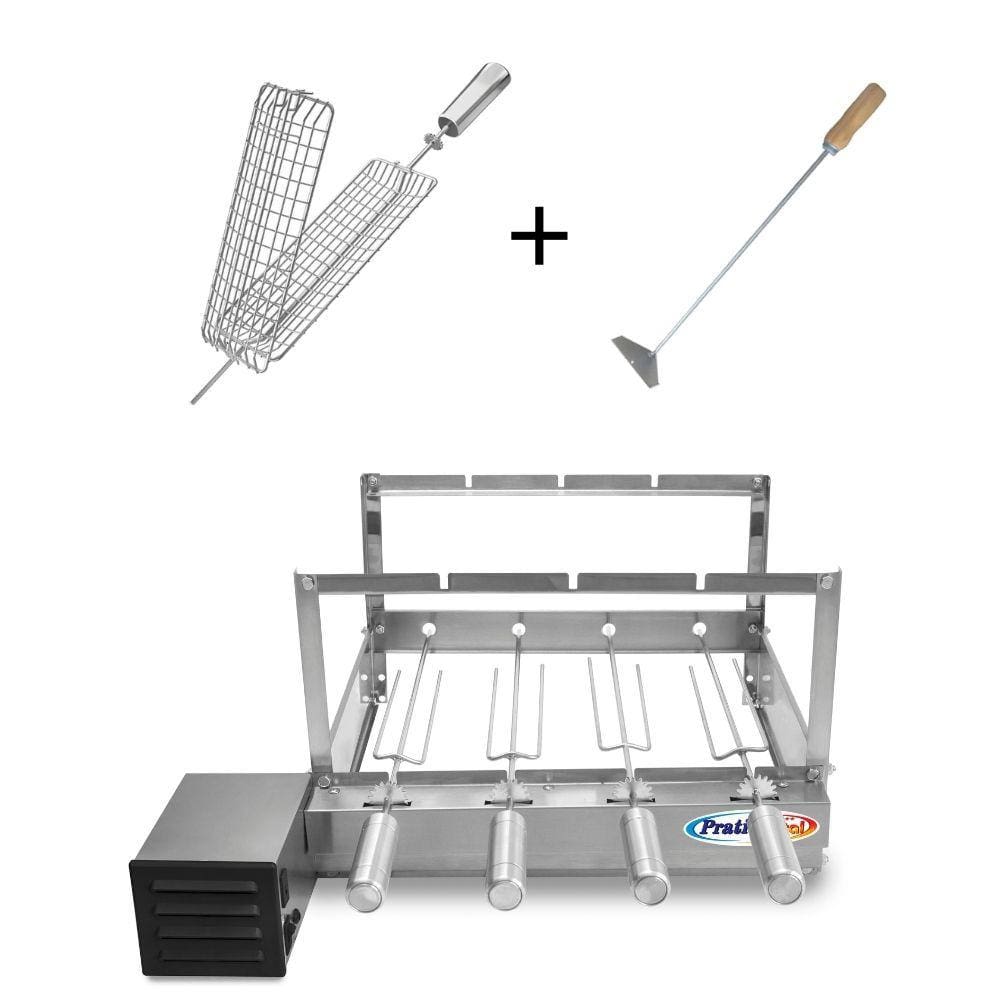 Kit Grill Inox Churrasqueira com 4 Espetos Tridente + Espeto Grelha Espalhador Carvão - Pratic Metal