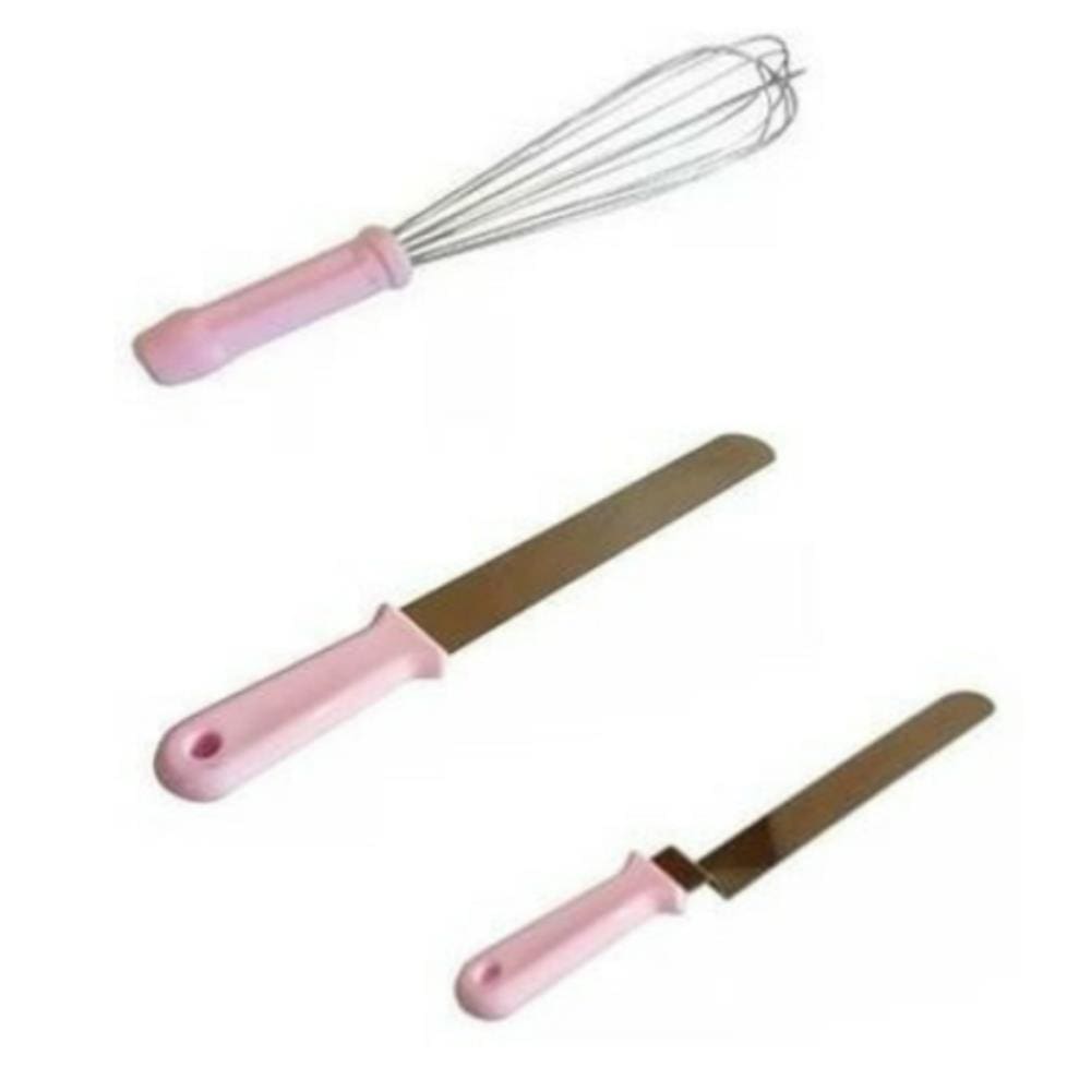 Kit 3 Pçs Rosa - Batedor + Espátula C Dobra + Espátula Lisa