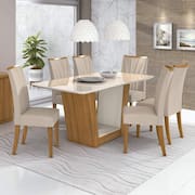Conjunto Sala de Jantar Mesa com Tampo de Vidro 170cm e 6 Cadeiras Apogeu Móveis Lopas Rovere Naturale/Off White/Linho Rinzai Bege