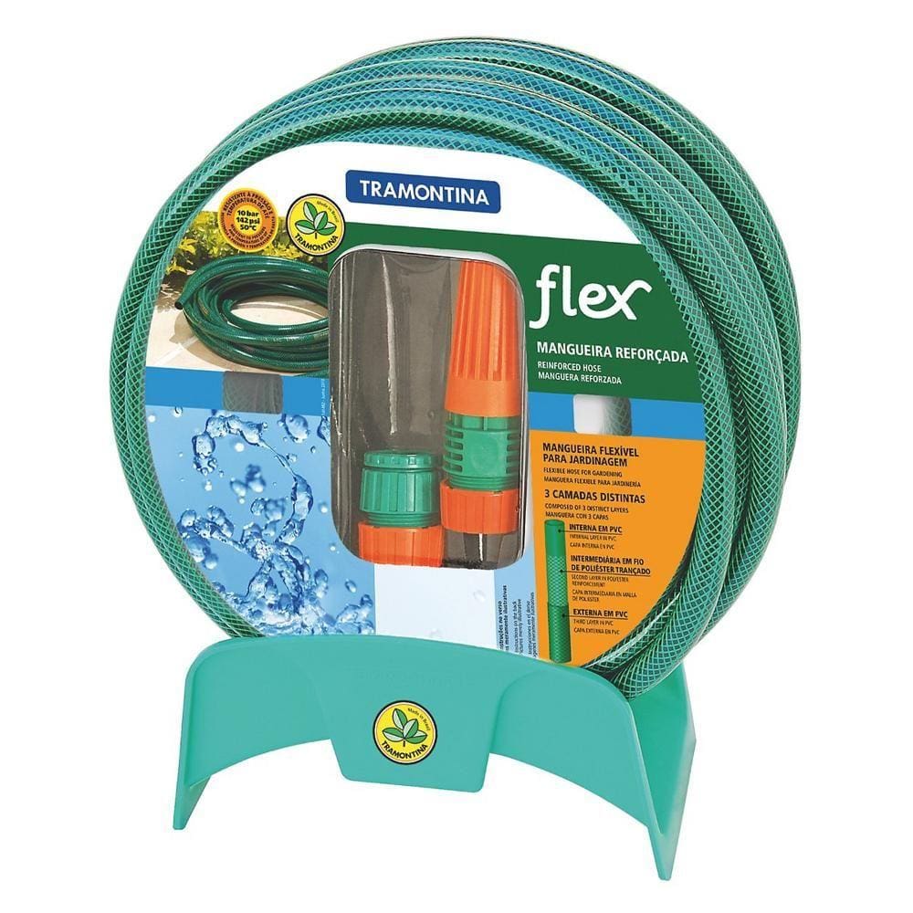 Magueira Flex para Jardim 20m com Engates Rosqueados Esguicho e Suporte no Mural Verde Tramontina