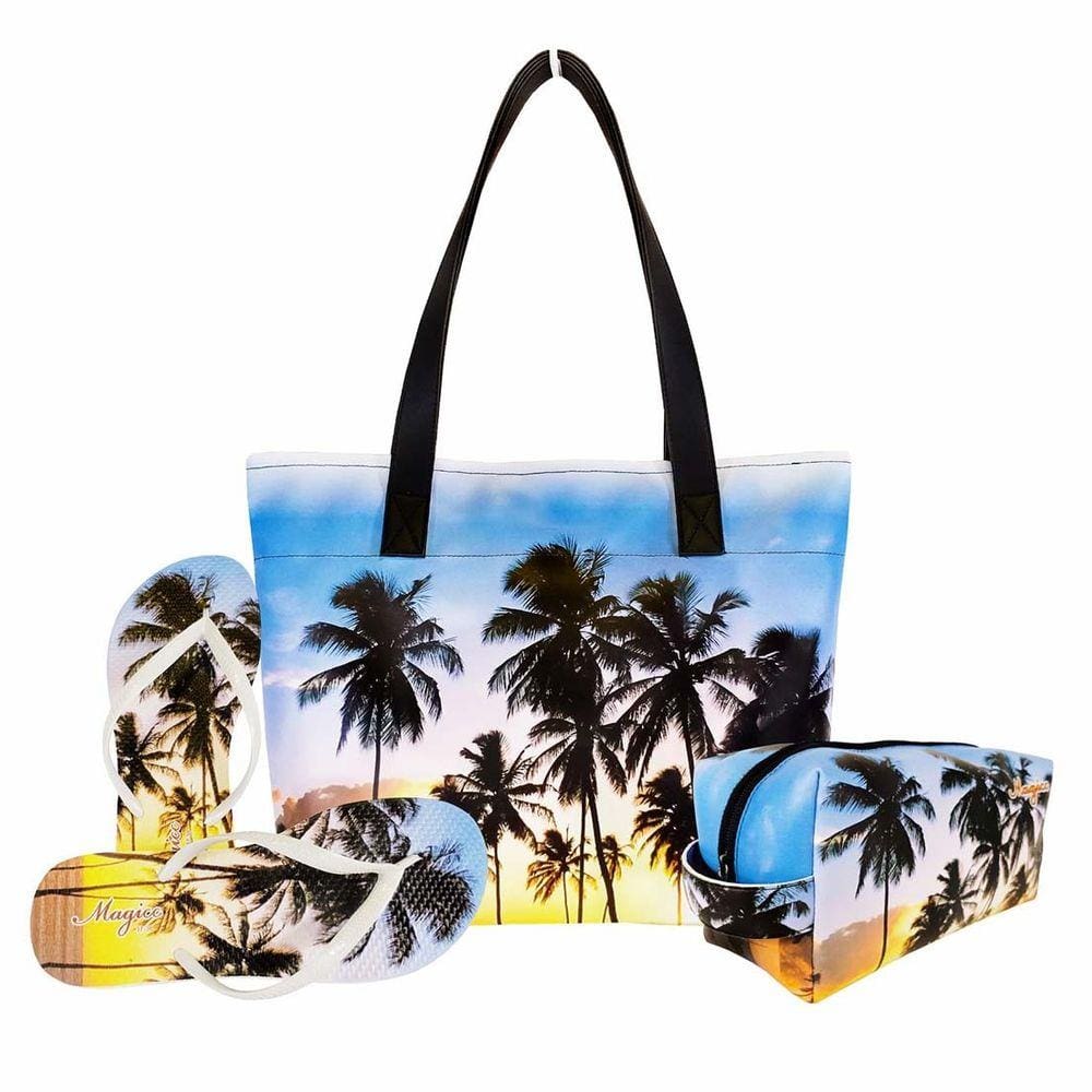 Kit Praia Feminino Coqueiros com Bolsa, Necessaire e Chinelo, Magicc