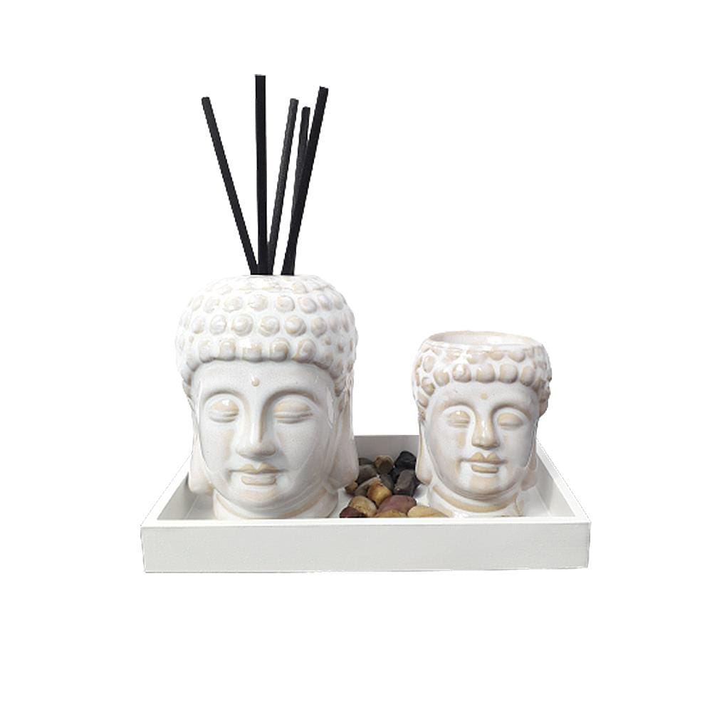 Kit Aromatizador Buda Decorativo Cerâmica + Suporte Madeira