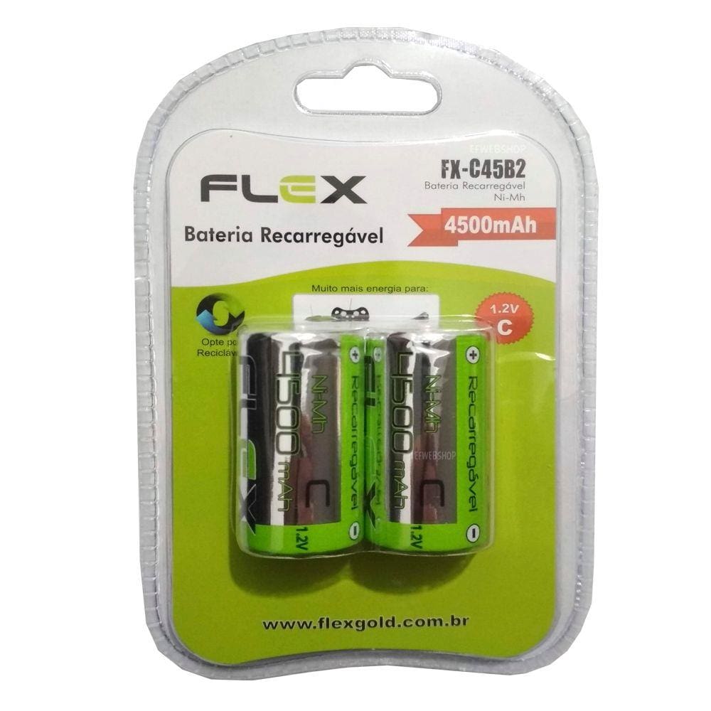 Pilha Recarregável Flex Tipo C Média 4500mAh Lr14 com 2 Unidades no Blister FX-C45B2