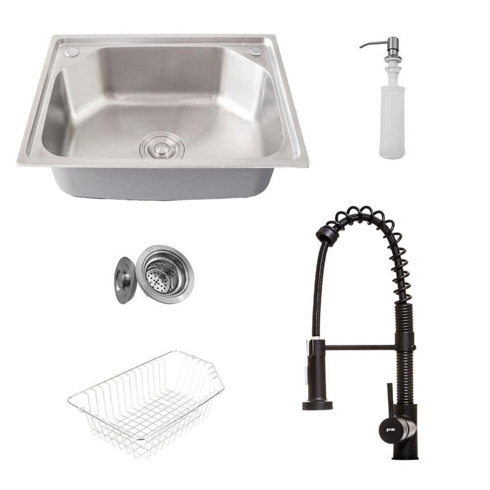 Kit Cuba Pia Gourmet Luxo Prizi Aço Inox 304 43x57cm Kit Completo - C5743 + Torneira Gourmet Prizi Monocomando Preta - KE-6115