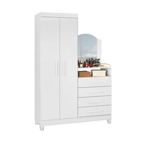 imagem-Guarda Roupas Solteiro com 2 Portas com Cômoda 4 Gavetas e Espelho Capri Branco / Preto / Azul / Rosa