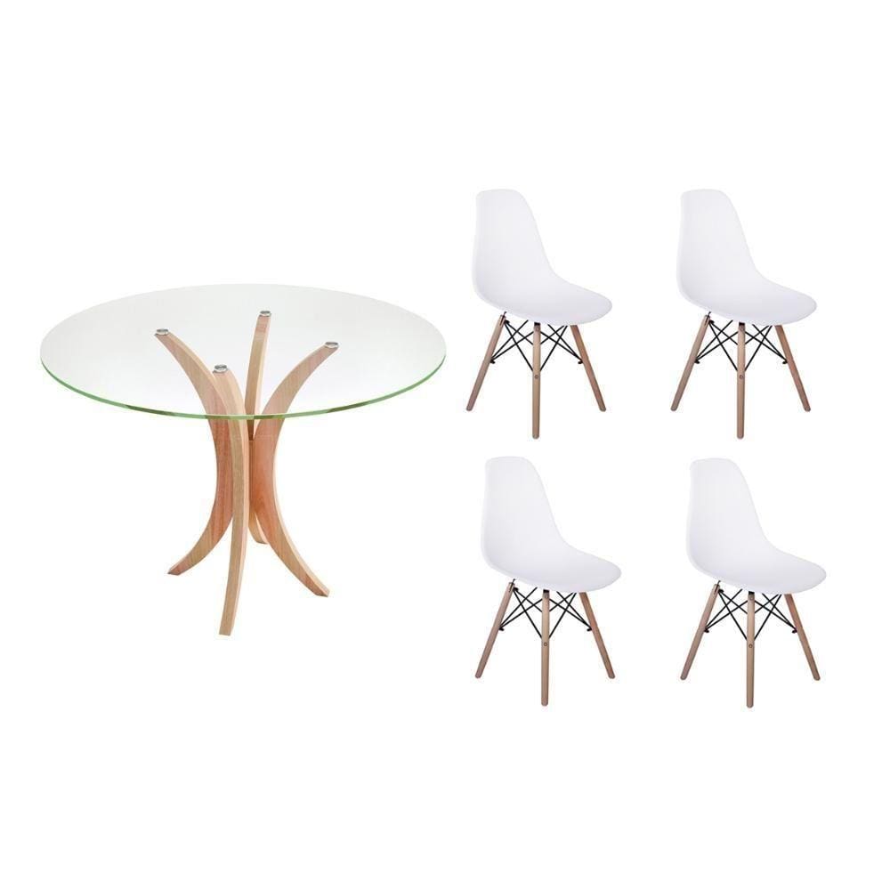 Kit Mesa de Jantar 90cm Tampo de Vidro 4 Cadeiras Branca