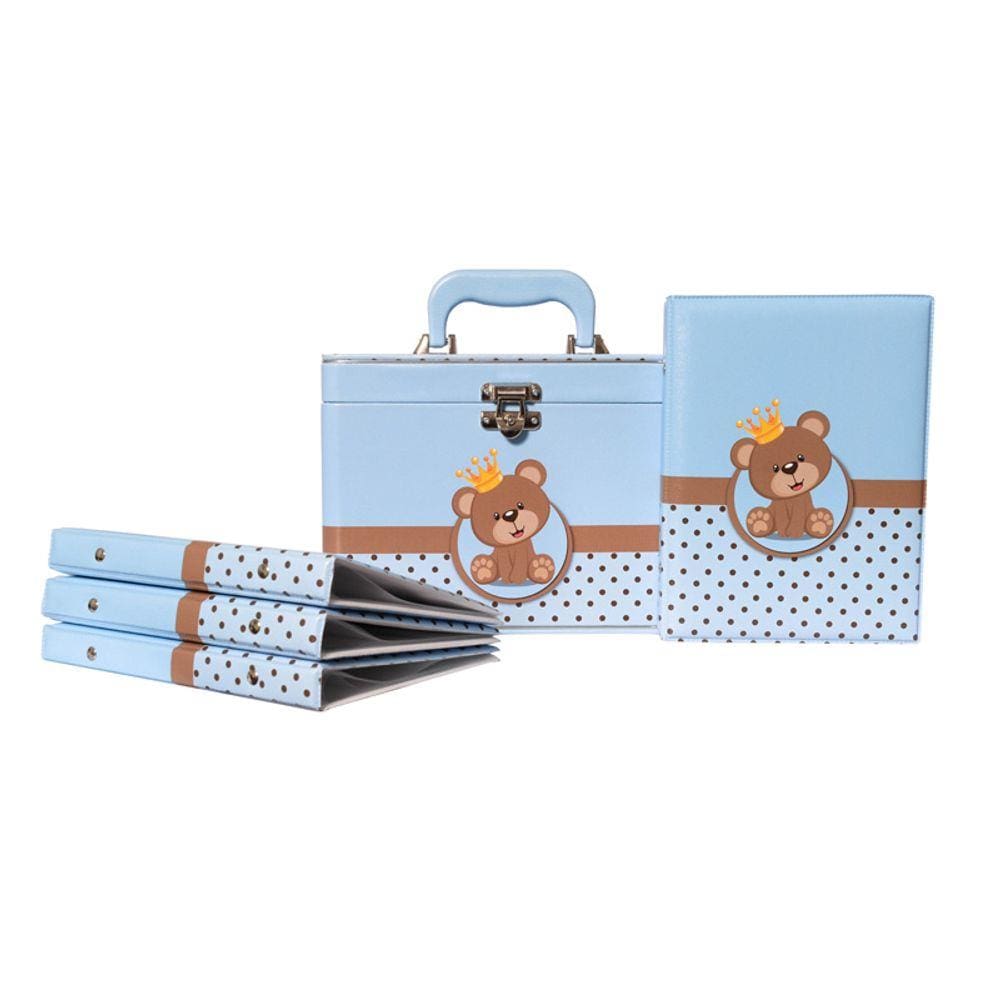 Maleta Box Ursinho Príncipe com 4 álbuns fotográficos 240 fotos 15x21 Bebê Infantil Azul Urso