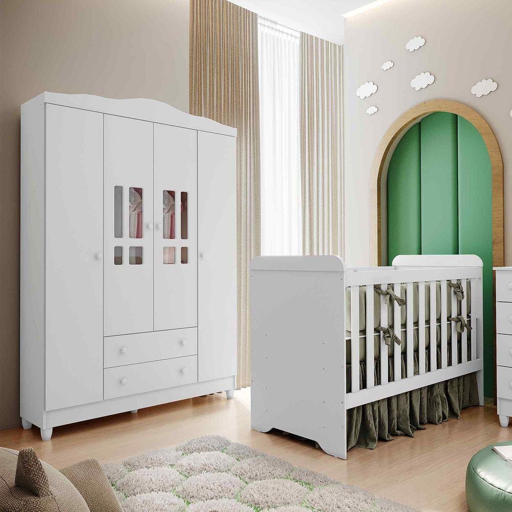 Quarto de Bebê Guarda Roupa 4 Portas Ariel Berço 3 em 1 Gabrielle Br Brilho Carolina Baby