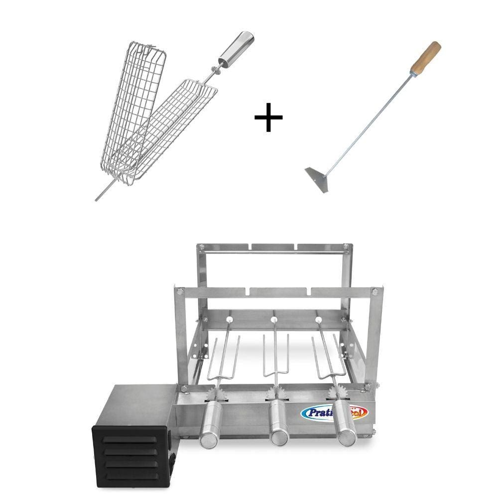 Kit Grill Inox Churrasqueira com 3 Espetos Tridente + Espeto Grelha Espalhador Carvão - Pratic Metal