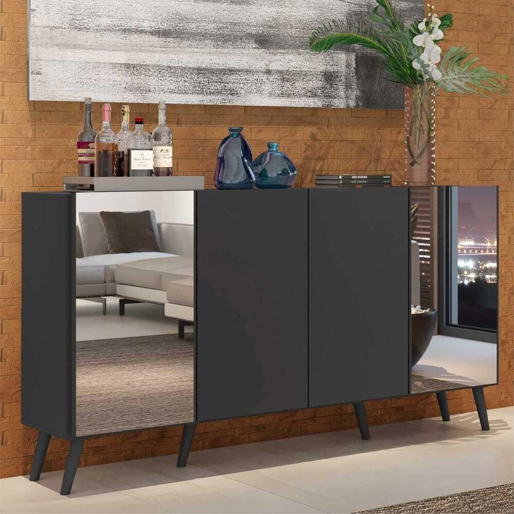 Aparador Buffet c/ Espelho e Pés Retrô Vegas Multimóveis Preto