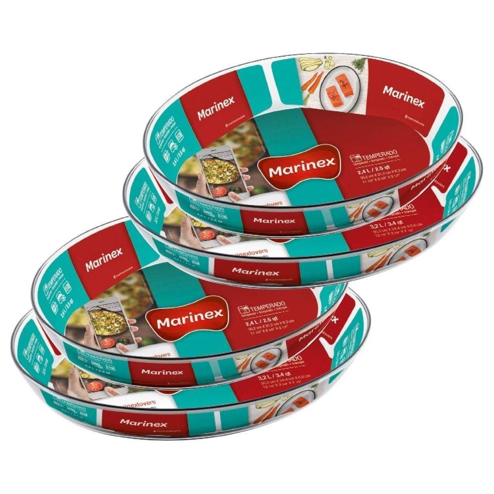 4 Assadeiras Travessa de Vidro Temperado 2 Tamanhos Marinex