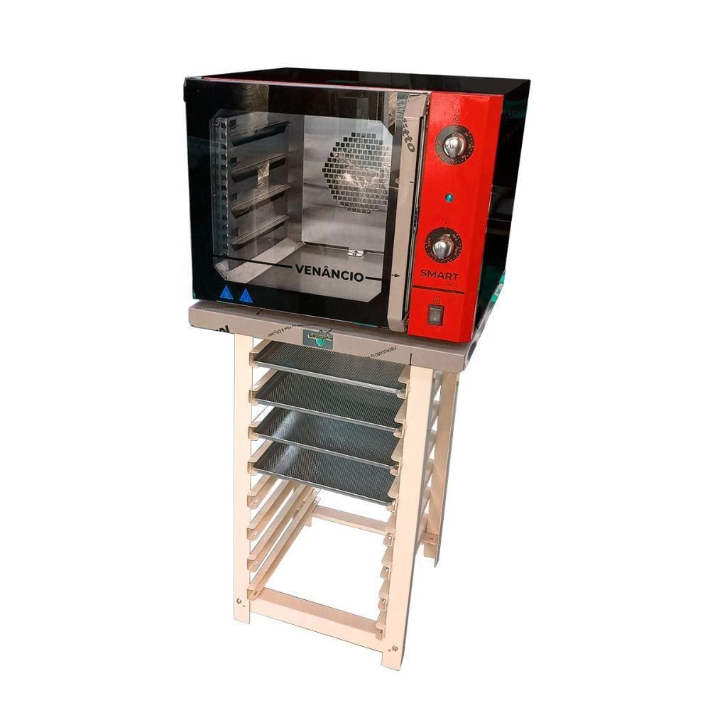 KIT - Forno Turbo Convector Smart Basic. Preto e Vermelho FCSB4E 220v + Bancada Mes-004 + 4 Assadeiras - Venâncio