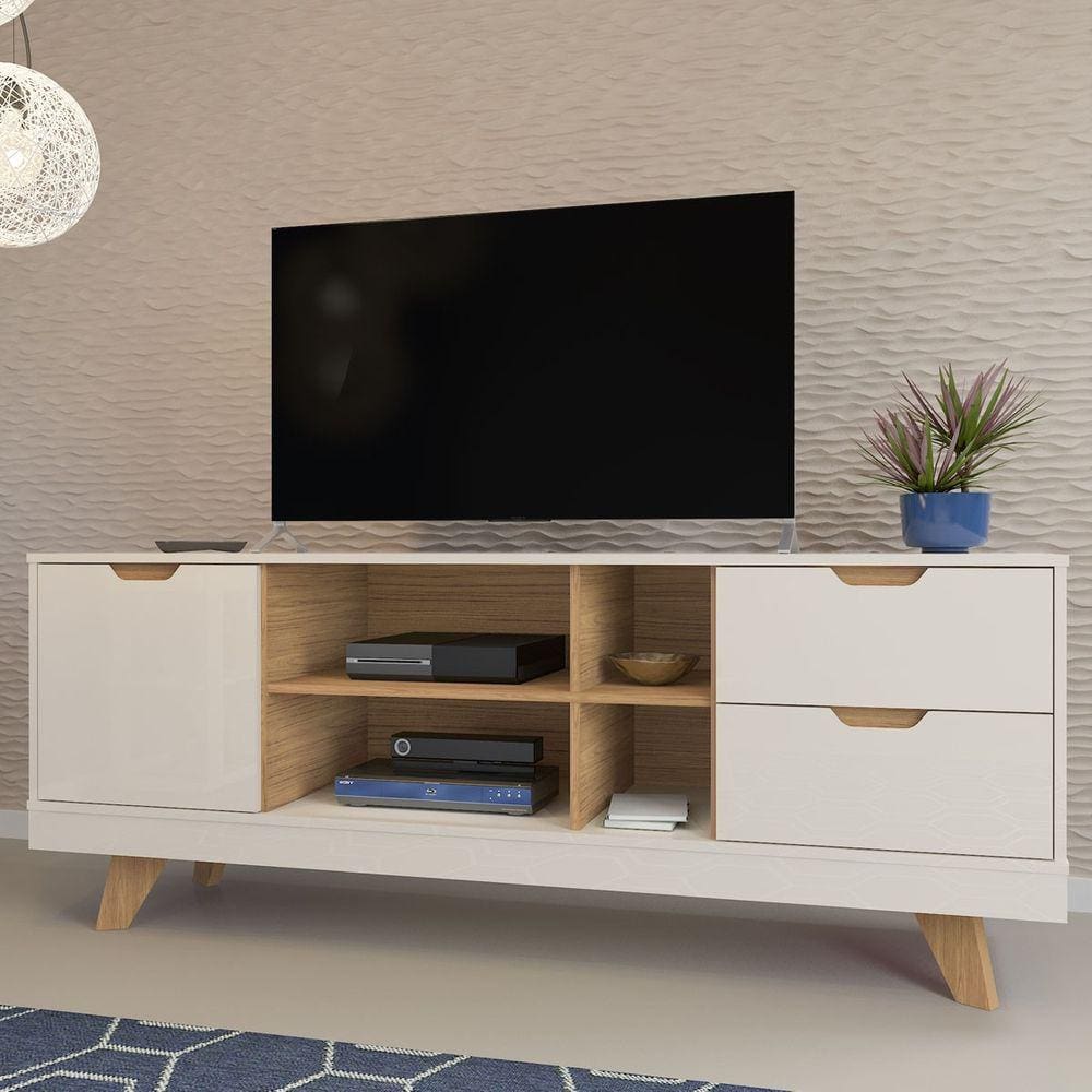 Rack Michigan Off White/Carvalho para TV até 60 Polegadas 04 Portas 02 Gavetas e Pés de Madeira - Artely