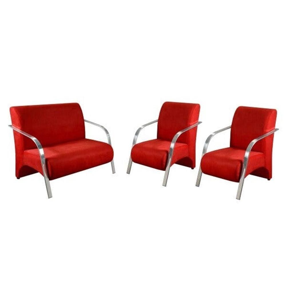 Conjunto Poltrona Decorativa Vênus Braço Alumínio Kit 3 Peças Suede