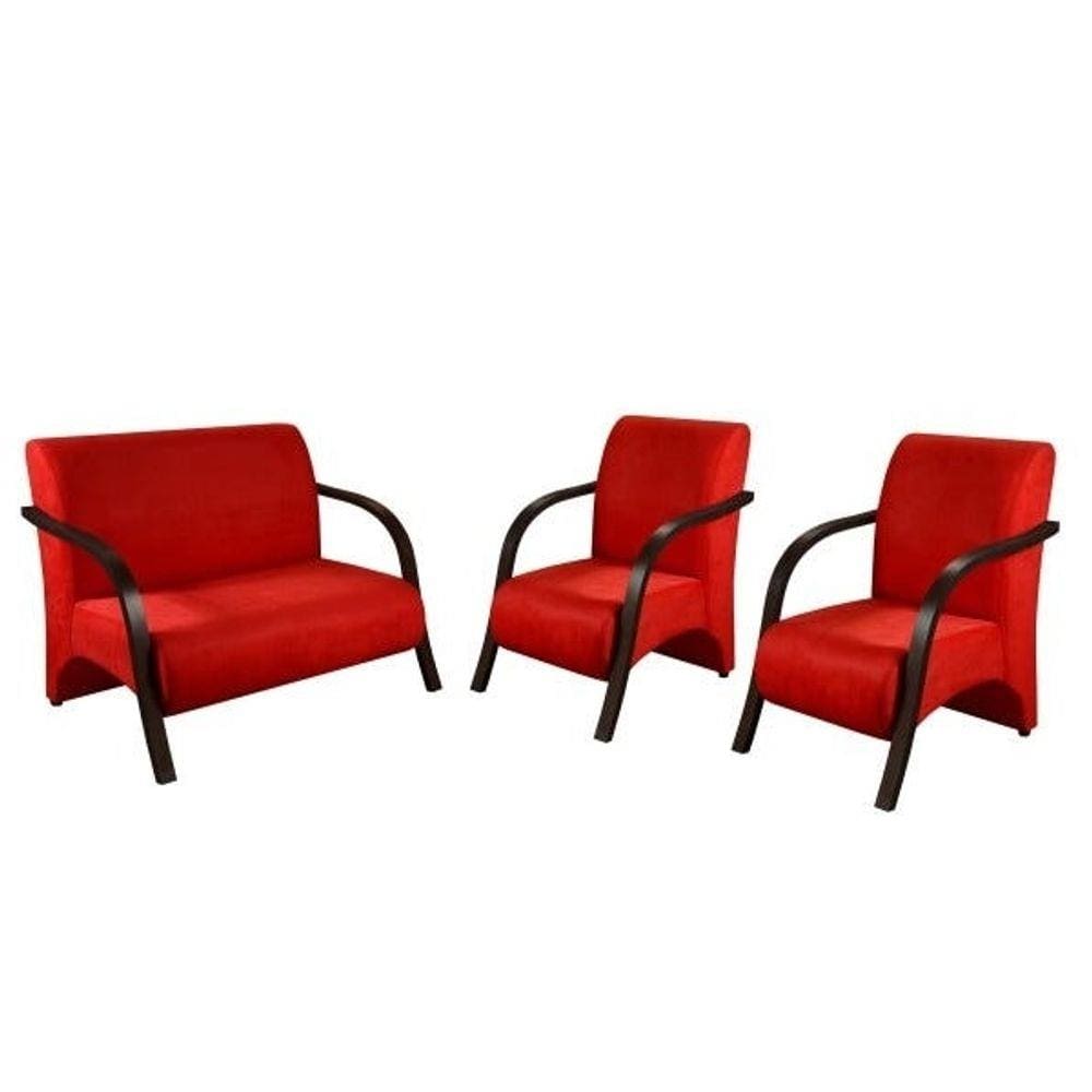 Conjunto Poltrona Decorativa Venus Braço Madeira kit 3 Peças Confortável Sala Suede